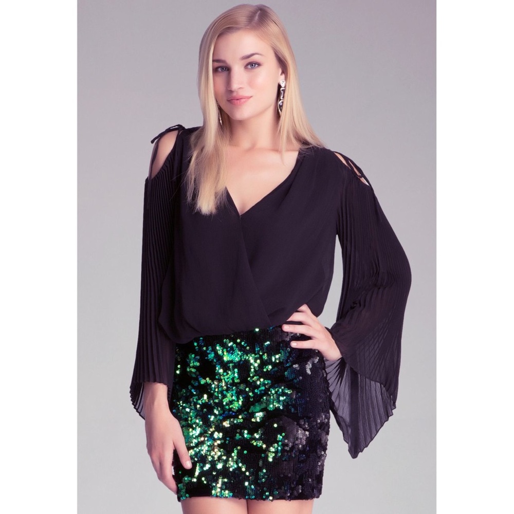 Bebe Black Pleated Fan Sleeve Top